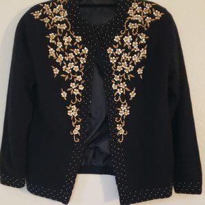 VINTAGE Unique Black Sweater With Gold Beaded & Sequined Front S-42